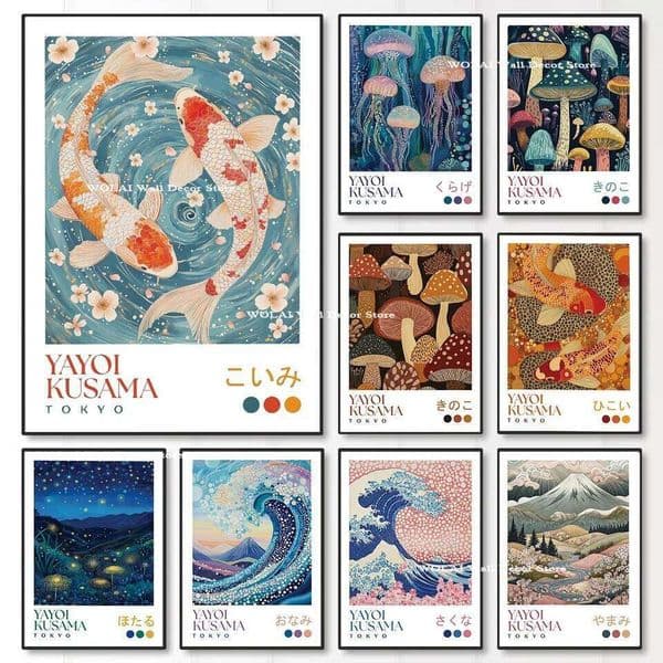 Yayoi Kusama Koi Fish Jellyfish Animal Canvas Prints Japanese Hokusai Giant Wave Wall Art Posters for Living Room Home Decor 26L0605