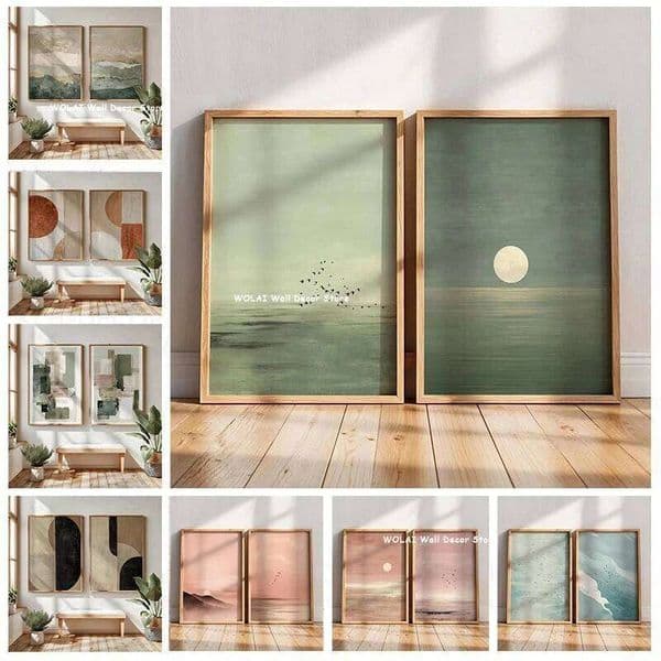 2pcs/set Japanese Retro Wabisabi Mountain Canvas Printing Abstract Green Sunset Flying Crane Wall Art Poster Home Decor 26Y0605