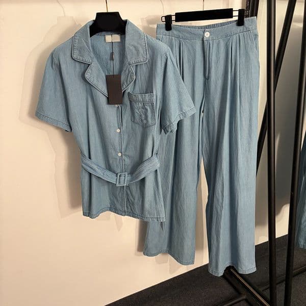 Women Designer Denim Shirts Sets Belted Short Sleeve Tops High Waist Wide Jeans Summer Street Outfits Suits for Women