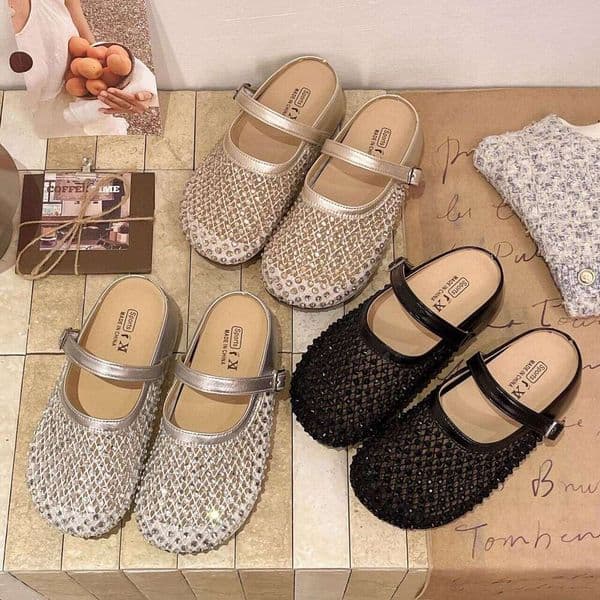 French-style Design Shoe rhinestone closed-toe mules for women, summer outdoor wear, 2026 new model, slip-on woven breathable soft-soled sandals