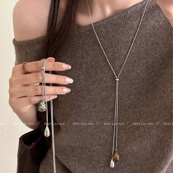 Designer Jewelry Luxury Jewelry Tiger Eye Stone Water Drop Pull Necklace Women, Light Luxury Niche Design, Long Sweater Chain, Fashionable Versatile Accessory For Au