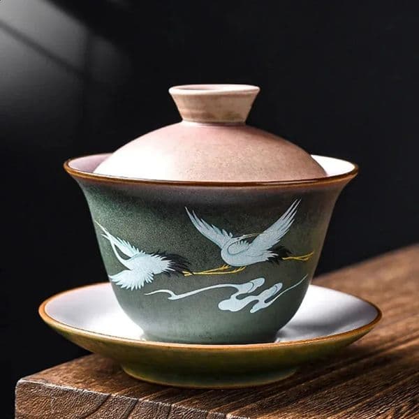Luxury Designer room Decor Retro Huancai Kiln Changing Crane Covered Creative Ceramic Household Kung Fu Bubble Bowl Tea Set Decoration For H 28
