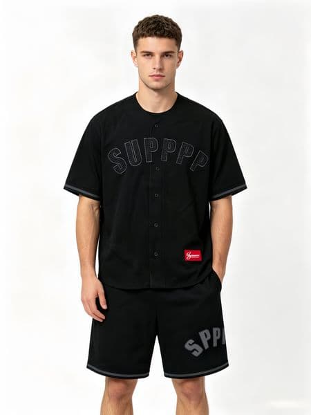 American Street Style Men Loose Baseball Jersey Set Striped Trim Breathable Quick Dry Mesh Top Elastic Waist Shorts Summer Daily Wear Matching Tracksuit