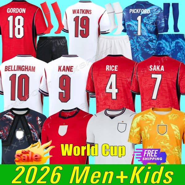 2026 EngLands World Cup Soccer Jerseys KANE SAKA MAINOO BELLINGHAM RASHFORD GORDON National Team 2026 27 football men and kids Player Fans version shirt kits Adult