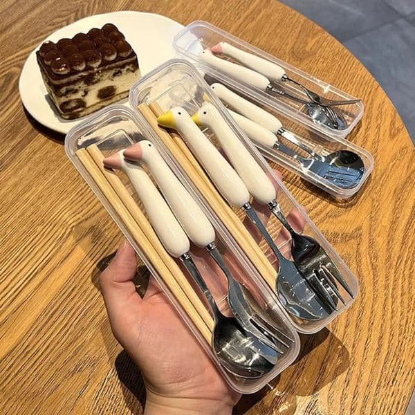 Children Cartoon Animals Cutlery Stainless Steel Spoon Fork Set Portable Outdoor Lunch Tableware with Box Kitchen Accessories 260601