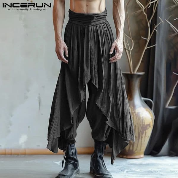 INCERUN Mens Solid Color Long Harem Pant Causal Solid Trousers Ruffle Pantalons American Style Fashion Oversize Streetwear 260605