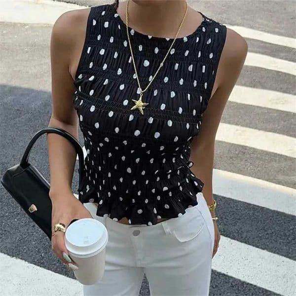 Gaono Women Tank Top Sleeveless Tops Crew Neck Pleated Dots Print Slim Fit Shirt Vest Summer Y2K Vintage StreetwearT260605