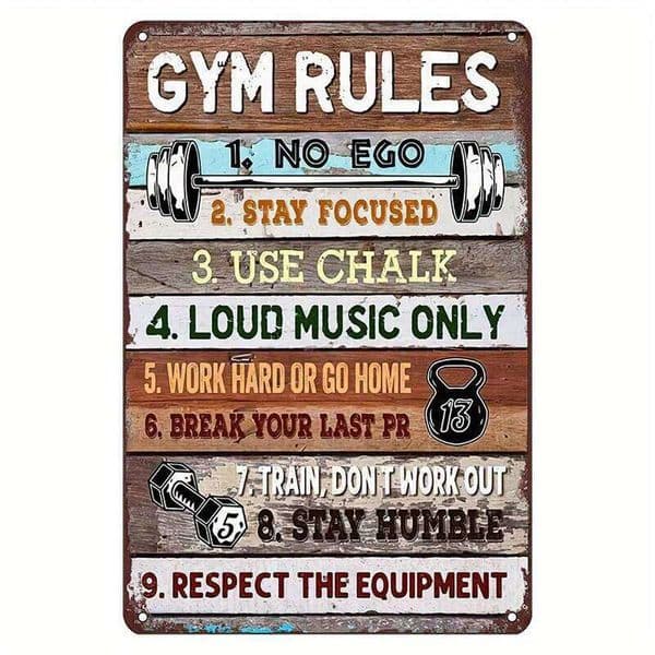 Vintage Gym Rules Metal Tin Sign - Motivational Wall Art with 10 Fitness Commandments, No Ego, Stay Focused, Use Chalk, Work Har 26Y0605