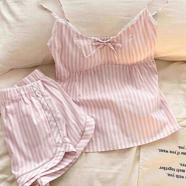 Summer Hot Selling Women's Suspender Pajamas with Stripes and Chest Pads, Short Sleeved Shorts Home Suit Set 26W0605