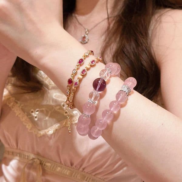 Luxury beaded bracelets Madagascar Ice Pink Quartz Love Luck Bracelet for Women, Rose Quartz & Amethyst Beads, Fortune Spinning Stone