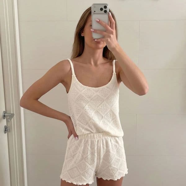 Apricot Jacquard Knitted Suspender Shorts Pajamas Two-piece Set 2026 Womens Loungewear 260604