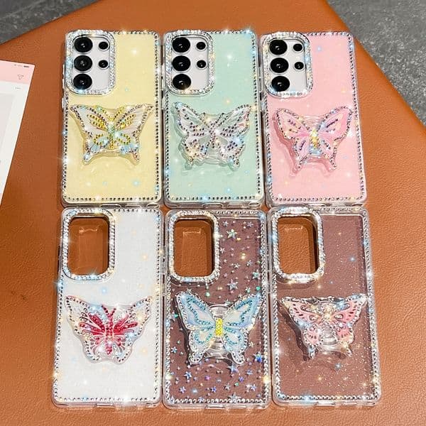 Bling Glitter Butterfly Grip Stand Hoder Shockproof Phone Case IMD Cover for iPhone 17 Pro 16 15 14 13 Samsung S25 S26 Ultra S24 FE A07 A17 A37 A57 A16 A36 A56 A15 A35 A55