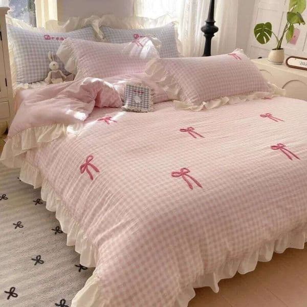 Spring and summer new Korean bow four-piece princess style lace washed cotton girl heart pink 26L0605