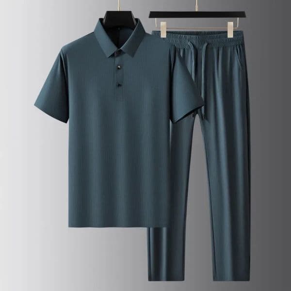 Ice Silk Seamless Sport Casual Mens Sets y Short Sleeve Plaid Male Polo Shirts High Elasticity Man Pants Tracksuit 260529