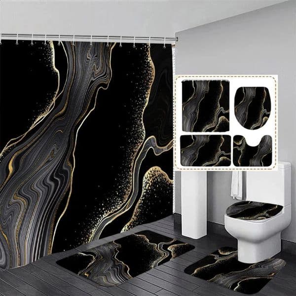 Designer Black Marble Shower Curtain Set Gold Lines Abstract Textured Pattern Modern Bathroom h Decor Non-Slip Rug Bath Mats Toilet Cover Free Shipping 22