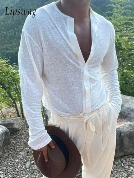 Classic Mens Slim Long Sleeve Linen Shirts Vintage Buttonup Crew Neck Solid Color Shirt Summer Men Casual Breathable 260605