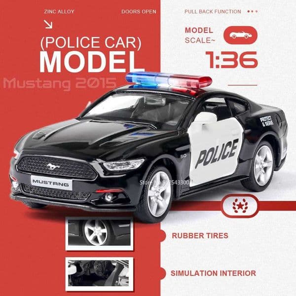 136 Mustang Challenger R8 Car Model Toy Alloy Body Doors Opened Police Cars Rubber Tires Pull Back Vehicle Hobby CollectionT260605