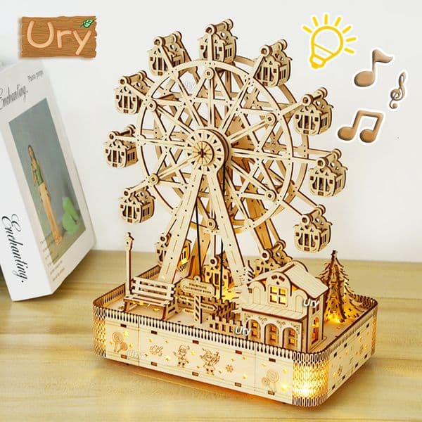3D Puzzles Ury 3D Wooden Puzzles Led Rotatable Ferris Wheel Music Octave Box Model Mechanical Kit Assembly Decor DIY Toy Gift for Kid Adult 230616
