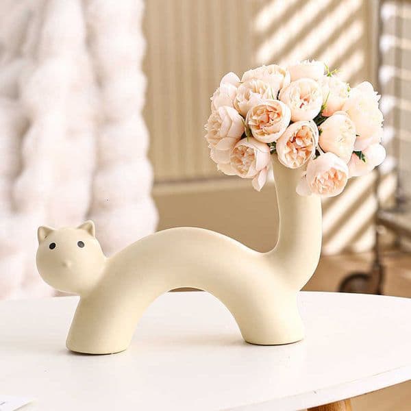 cream wind art ceramic vase ins cute cat vase flower arrangement simulation flower device living room desktop ornamentC260605