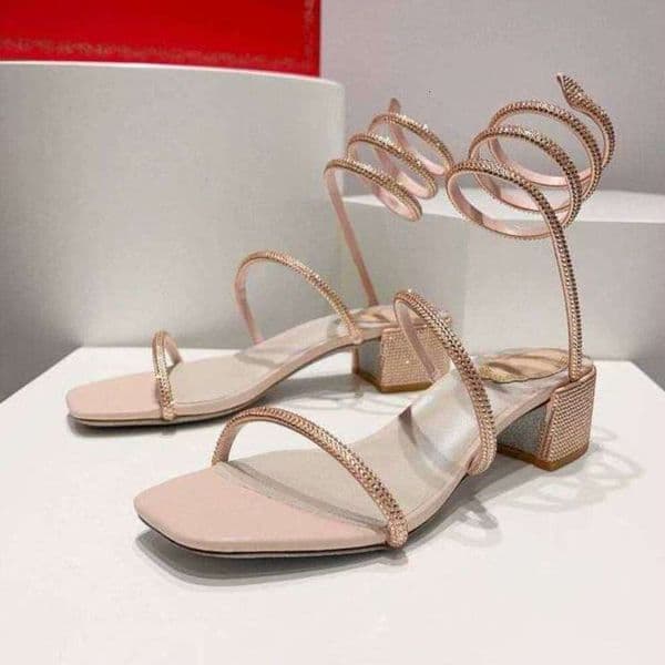 French-Style Stunning Sandals with Snake-Shaped Winding Rhinestones, Diagonal Straps, Thick Heels, Womens Fairy Crystal Shoes, Comfortable Low Heels