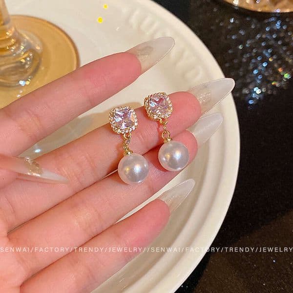 Designer Jewelry Luxury Jewelry Light Luxury Ultra Sparkling Zircon Square Earrings For Women, High-End Niche Style Pearl Drop Earr