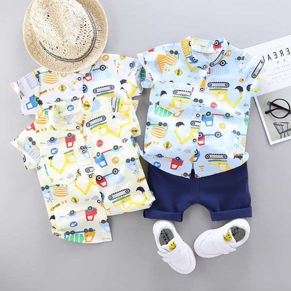 Clothes Toddler Baby Boys Girls Sets Excavating Machinery T Shirt Shorts Pants For Summer Boys Clothing Outfits Suit M260605