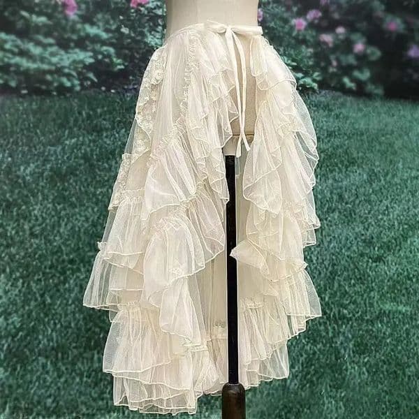 Gothic Lolita Lace Mesh Ruffles Fairy Princess Party Skirt Women Asymmetrical Cute Curtain Sheer Cover Up Thin Long Skirt White 260605