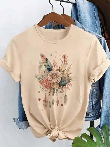 Feather 90s T Heart Shirt Love Graphic Print T-shirt Short Sleeve Crew Neck Casual Top Summer Spring Womens Clothing Top Tee C260605
