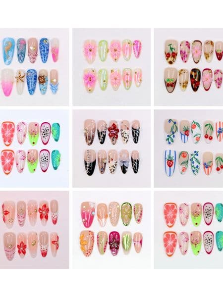10Pcs Y2K Hand-Painted Stylish Press On Nail3D Acrylic Metallic Crystal Custom n FreeStyle Almond Press Holiday Nails 260605
