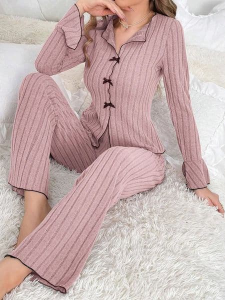 2-Piece Womens Autumn and Winter Pure Color Elegant Bow Womens Simple Long-Sleeved Pants Pajama Set Leisure home clothing 260604