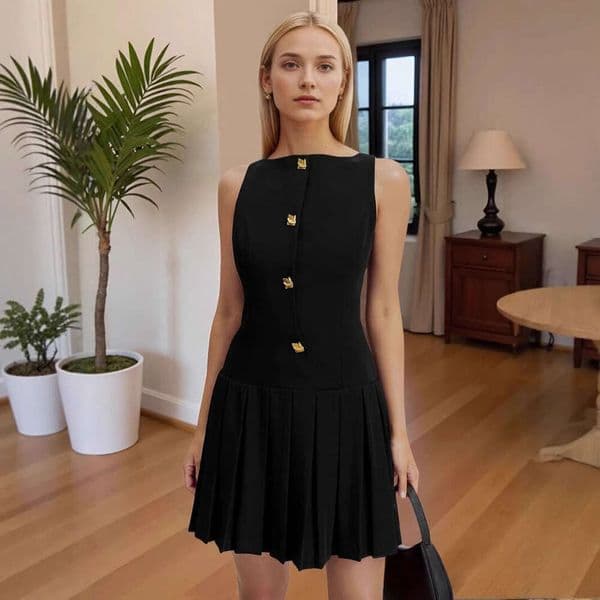 Women's unique wide-hem pleated waist-cinching solid color sleeveless short dress