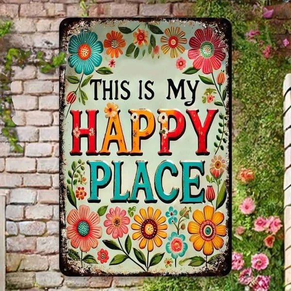 Vintage This Is My Happy Place Floral Retro Metal Tin Sign, Colorful Flower Inspirational Quote Wall Art Decor, Rustic Ho 26Y0605