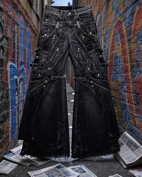 Streetwear Goth Punk Multi-Pocket Cargo Jeans Mens Black Distressed Flared Denim Pants with Straps Zippers Studs Frayed EdgesT260605