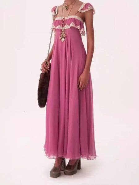 vacation dress 2026 new women's clothing French sweet lace patchwork suspender dress with feminine temperament vacation long skirt