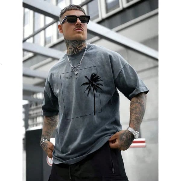 ArrivalMens Washed Gray Palm Tree T-Shirt Oversized Streetwear Casual Short Sleeve Crew Neck Tee 260601