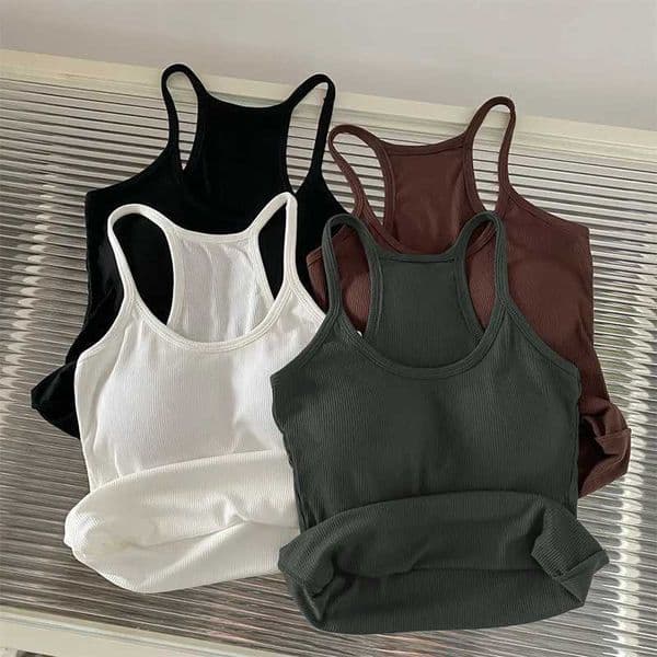 Womens Spaghetti Strap Camisole With Breast Pad Summer American Retro Solid Color Sleeveless Slim Tank TopT260605