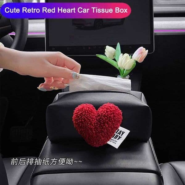 Cute Retro Red Heart Car Tissue Box For Armrest Paper Holder Auto Leather Hanging Napkin Bag for Back Seat Headrest Storage J260605