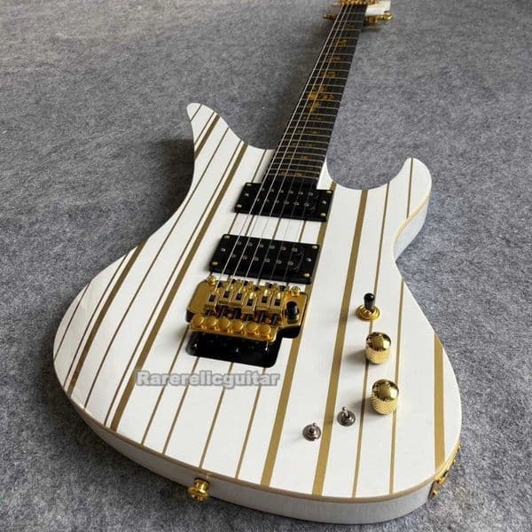 Classic Special-shaped White and Gold Stripes Electric Guitar,bat Inlays, Double-locking Tremolo Bridge, Gold Hardware
