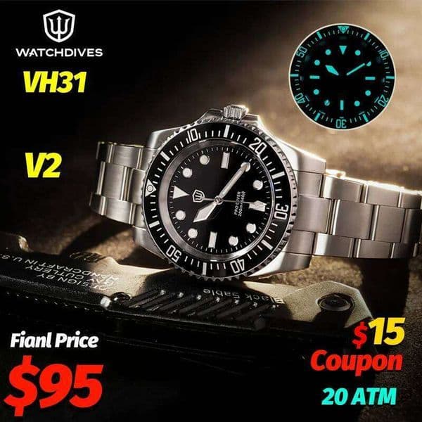 Watchdives WD1680Q V2 Men Watch VH31 Sweep Second Quartz Movement AR Sapphire Luminous BGW9 20Bar Waterproof Steel Wristwatches W260605