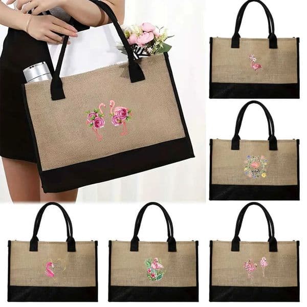 Portable Bags Reusable for Women Jute Shopping Bag Casual Beach Bag High Quality Waterproof Tote Bag Flamingo Print Series H260606