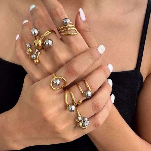 Uworld Minimalist 18k Gold Color Plated Stainless Double tone Line Hollow Steel Ball Ring Personality Statement Stackable