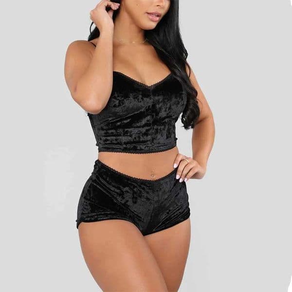 Womens Sexy Suspender Sleepwear Set Black Gold Velvet Two-Piece Set Suspender Home Womens Sleepwear Set L260525