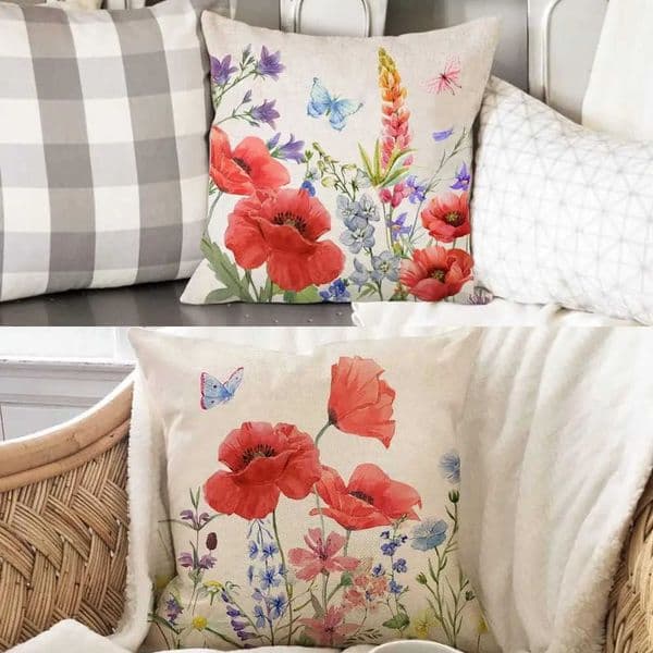 Wildflower 4Pcs Red Covers Poppy Artistic Watercolor Floral Butterfly Cushion Cases for Cottagecore Home Sofa Bedroom L260606