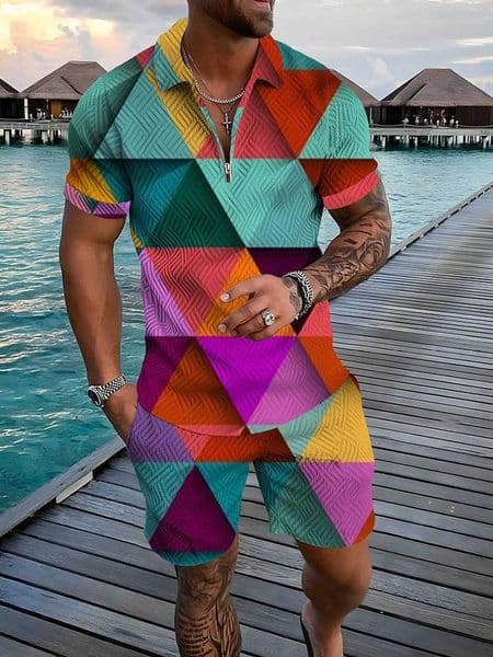 Squares Pattern Color Print Mens Tracksuit Sets Casual Zipper Polo Shirt And Shorts 2pcs Sets Trend Streetwear Man Clothing S260606
