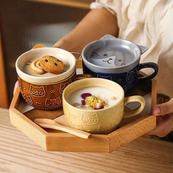 Japanese Cartoon Mug With Animal Cat Pattern Lid Small Dish Cute Breakfast Creative Coffee Milk Cup Gift 26W0606