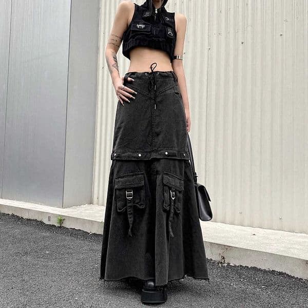 Vintage Women 2025 Baggy Streetwear Spring Denim Skirt Grunge 00S High Waist Y2K High Street Basic A-Line Lady Pockets Skirt C260606