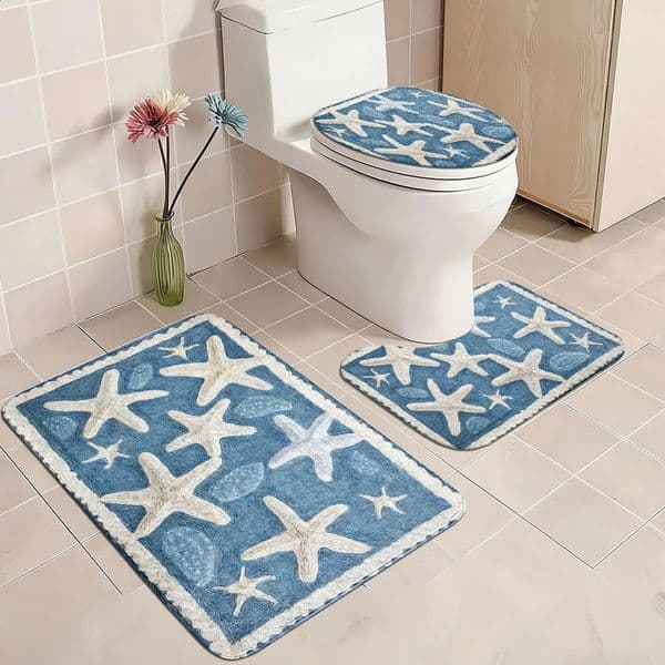 Mediterranean Style Starfish Shell Bathroom Three-Piece Set of Floor Mats Non-Slip and Water-Absorbent Toilet Mat Bathroom Decorative Foot Mat 260605