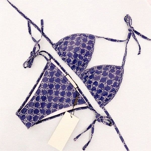 Womens Luxury Inspired Monogram Triangle Bikini Set Adjustable Tie Straps Low Waist Bottom Navy Blue Designer Swimwear Bathing Suit