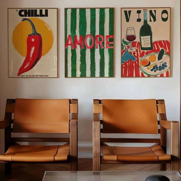 Amore Green Striped Canvas Printing Vino Wine Glass & Pepper Wall Art Poster Modern Living Room Bedroom Kitchen Home Decor Gifts 26Y0606