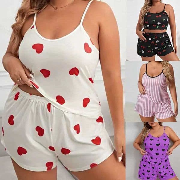 Plus Size Women Pajama Set Sleeveless O Neck Top Elastic Waist Shorts Heart Print 2 Pieces Female Sleepwear Nightwear L260525